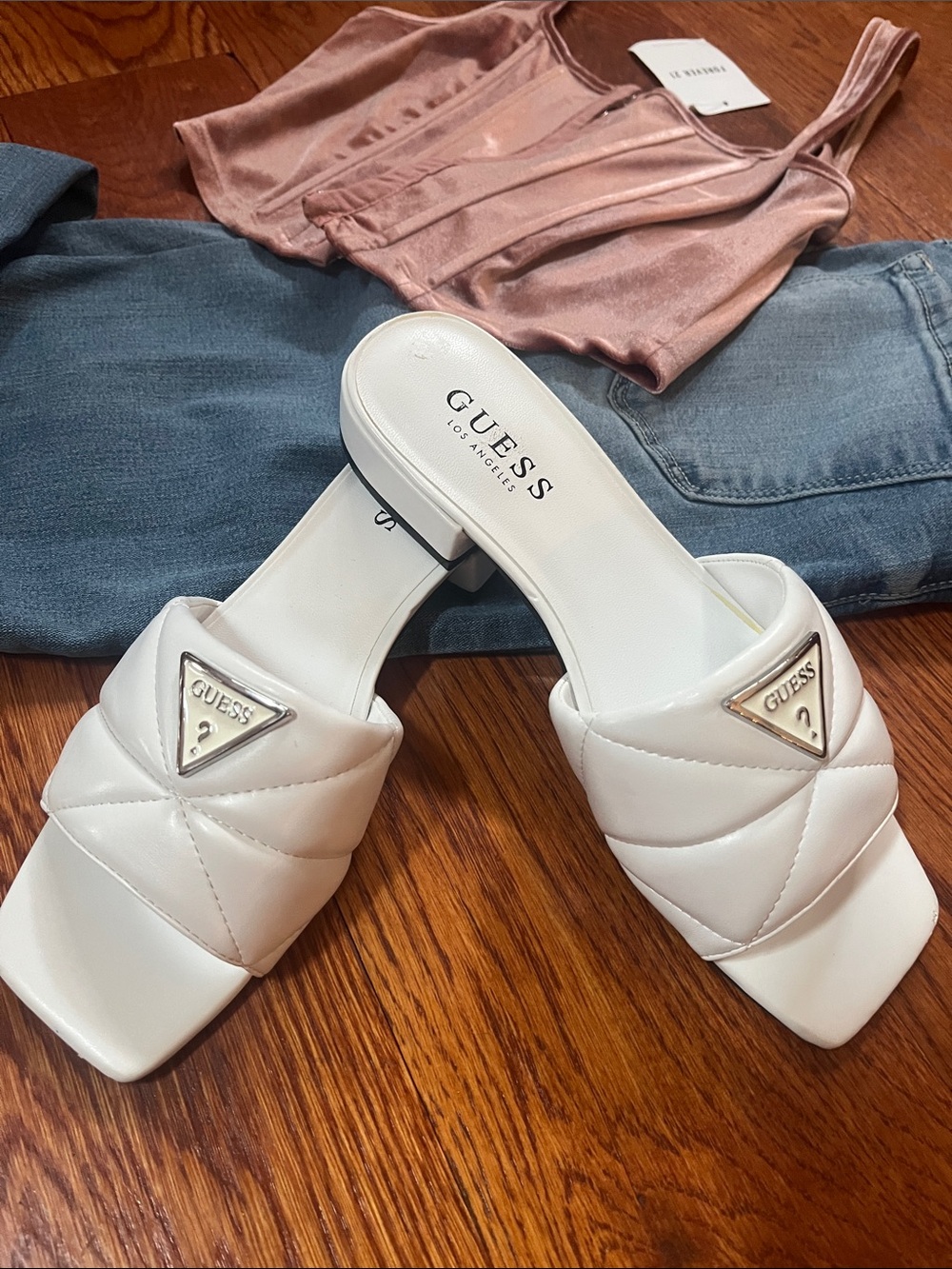 GUESS White Quilted Slide Mules with Triangle Logo Size 7